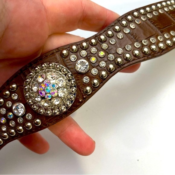 Nocona Y2K Vintage Bling Brown Silver Rhinestones Iridescent Jewel Vintage Belt - Picture 6 of 16